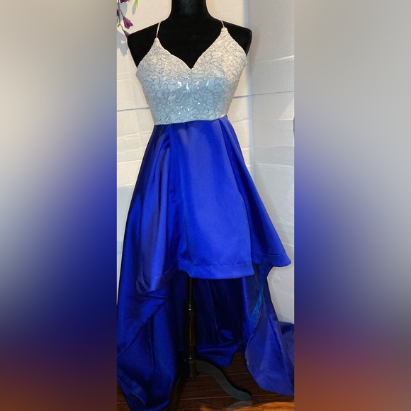B.Darlin Dress Formal Prom Homecoming Blue & Silver High/Low Size 7/8 [bb] - Picture 2 of 8